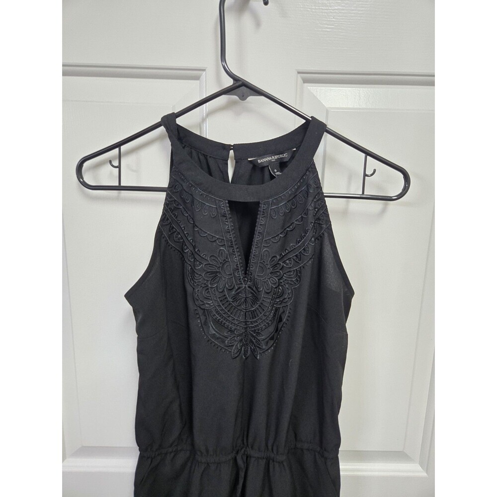 Banana Republic Jumpsuit Black Halter Neck Embroidered Wide Leg Tassel Sz 0